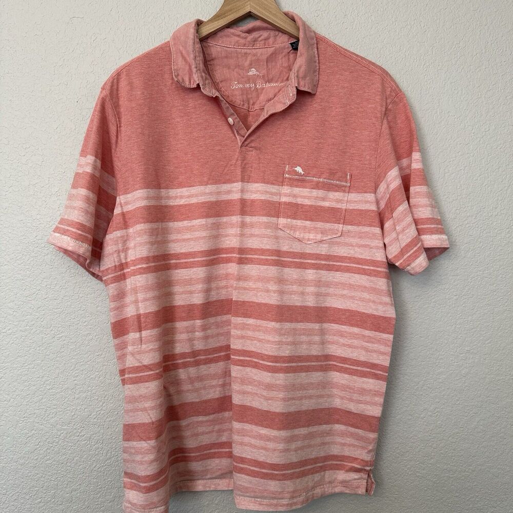Tommy Bahama Salmon Striped Shirt Mens Large Short Sleeve Golf Polo Adult